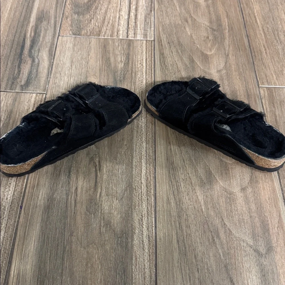 Birkenstock Black Fuzzy Double Strap Sandals - Picture 3 of 8